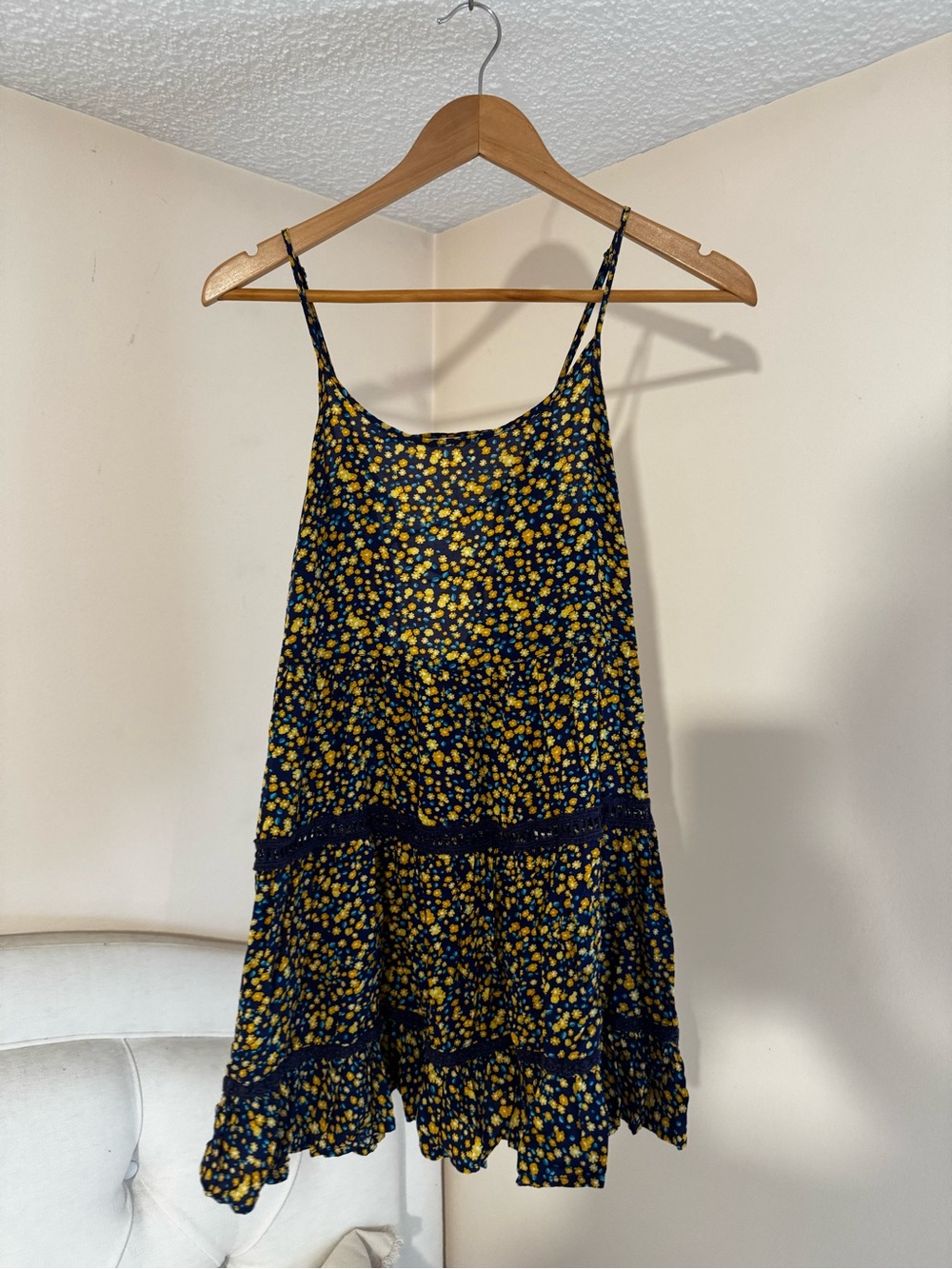 Forever 21 Navy Blue Floral Mini Dress with Yellow Print